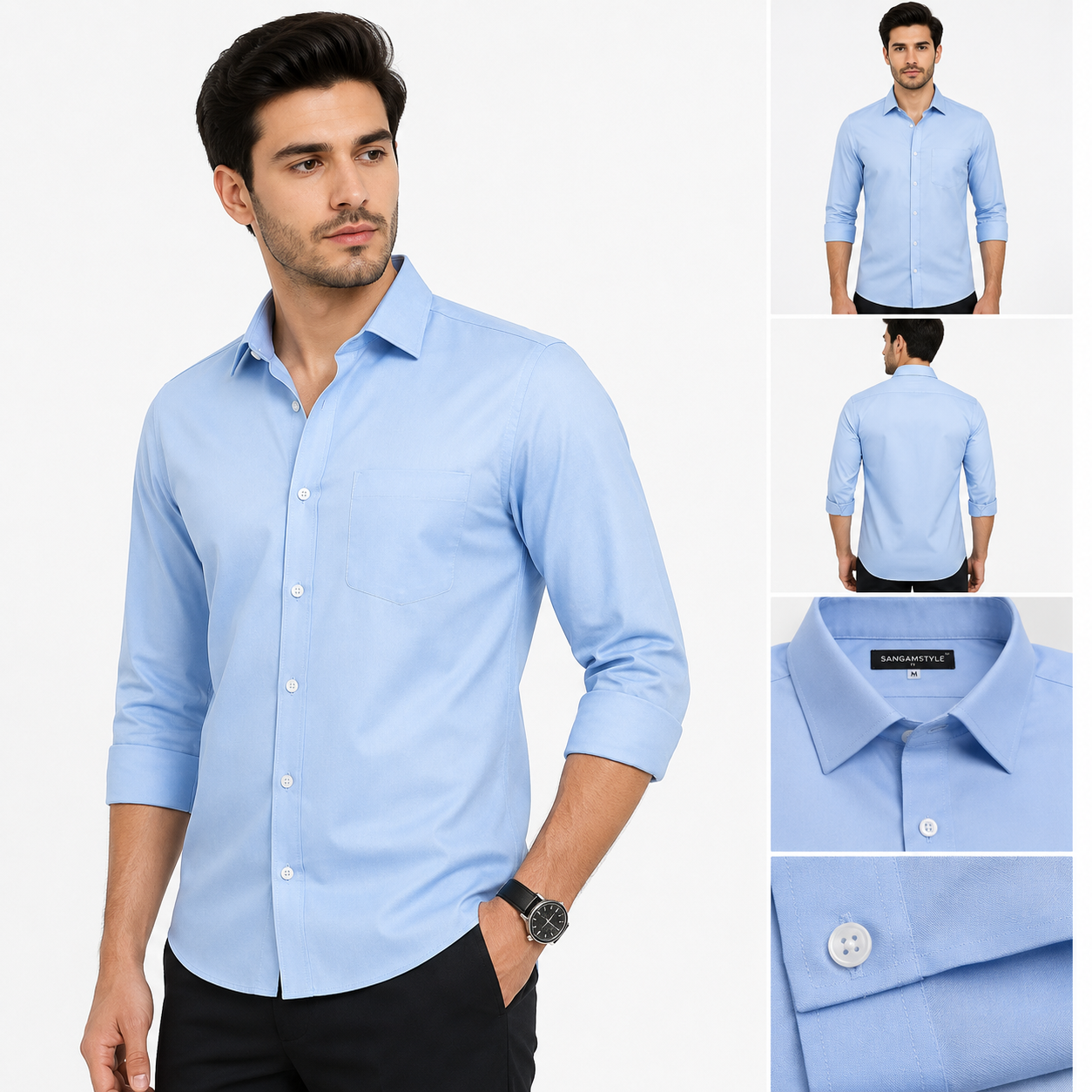 SangamStyle Premium Men's Cotton Shirt in Sky Blue – Regular Fit Cotton Formal Casual Shirt
